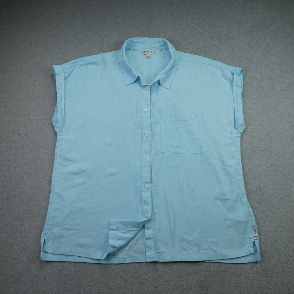 Orvis Shirt Womens Large Blue Linen Blend Short Sleeve Button Up Casual